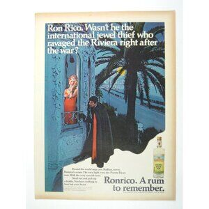 Vintage 1970s Ronrico Rum AD Print Riviera Palm Tree Woman Balcony Man Spying
